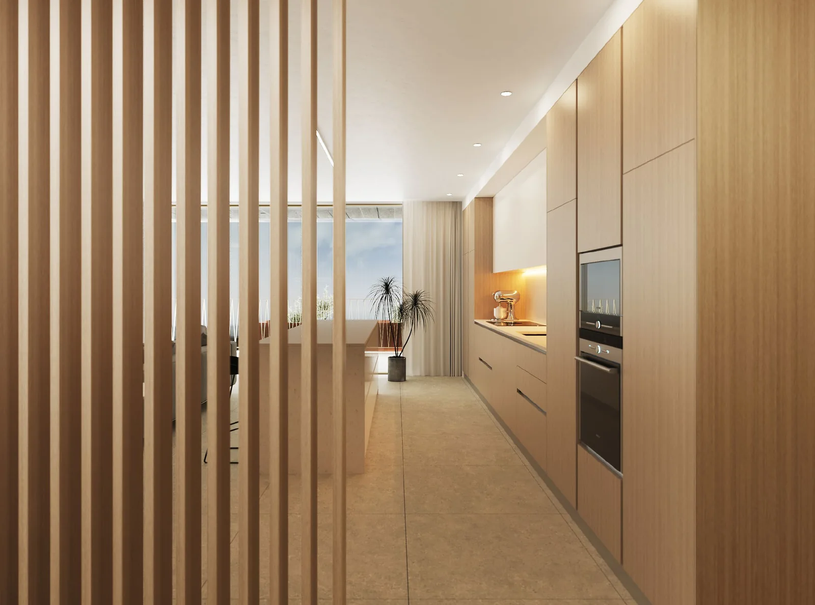 Interior corridor and kitchen with timber finishes
