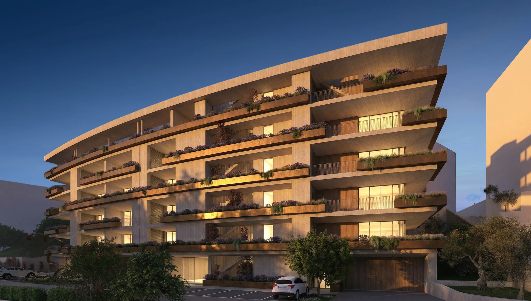 Evening exterior view of the residence
